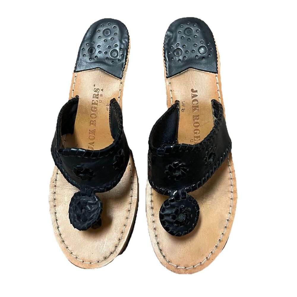Jack Rogers Palm Beach Midwedge Thong Sandal Black Size 9 M Whipstitch Leather